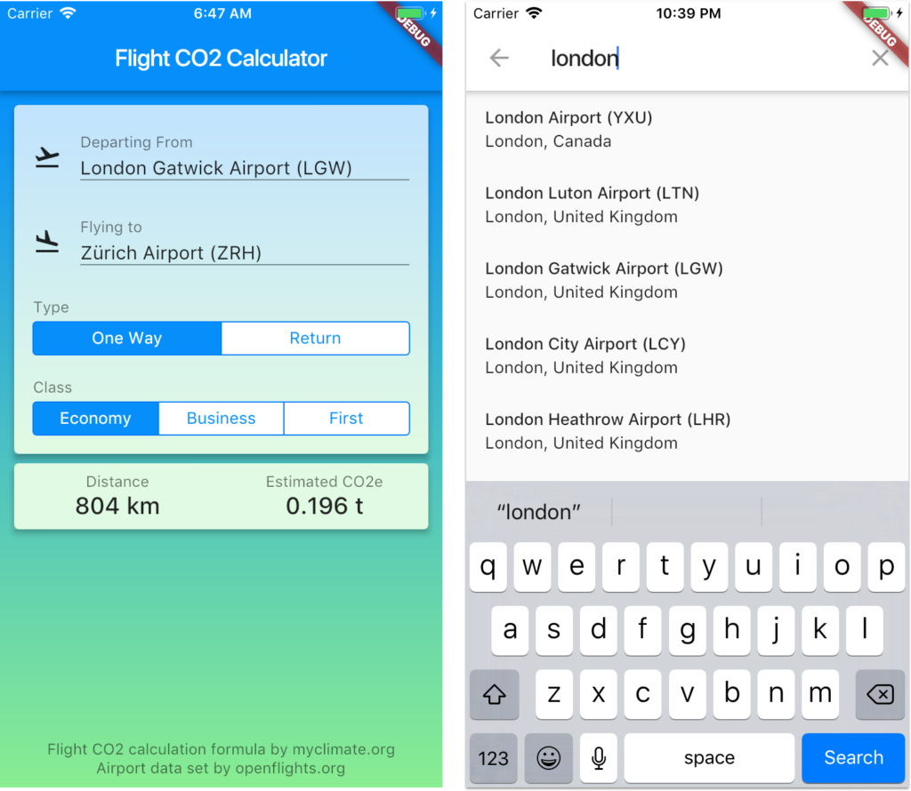 Flutter package and sample app to calculate Flight CO2 emissions.
