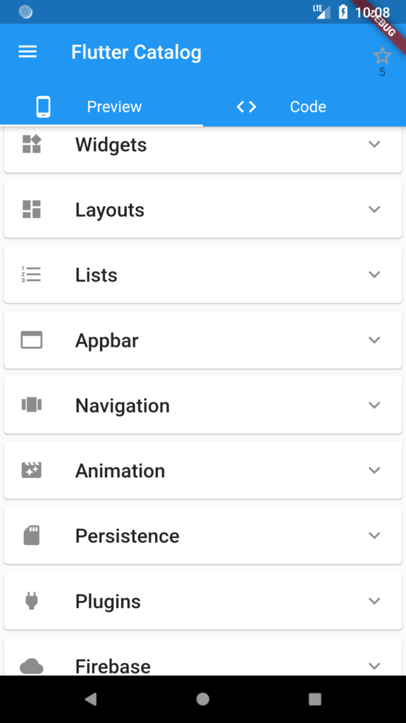 Flutter components with side-by-side source code view