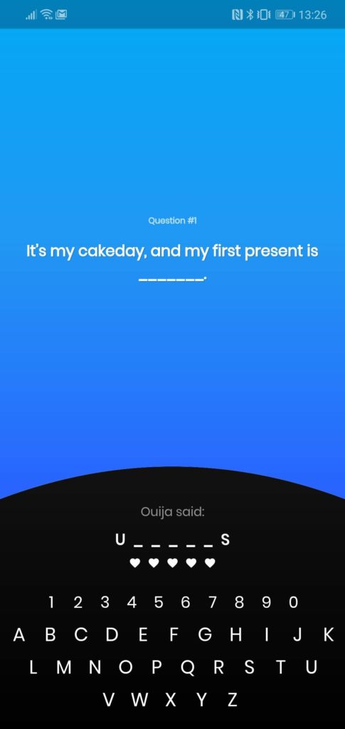 Hangman style game with questions and answers from the askOuija subreddit